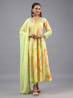 Amchoor - Green Panelled Botanical Print Kurta Pant & Dupatta (Set of 3)