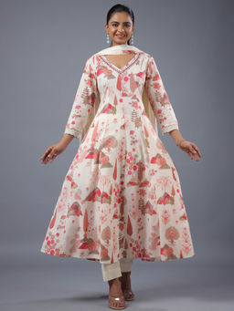 Amchoor - Cream Panelled Botanical Print Kurta Pant & Dupatta (Set of 3)