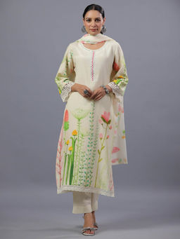 Amchoor - Cream Floral Botanical Print Kurta Pant & Dupatta (Set of 3)