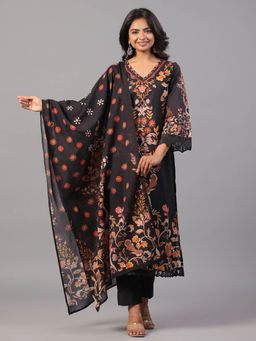 Amchoor - Black Block Print Mirror Work Kurta Pant & Dupatta (Set of 3)