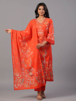 Amchoor - Red Block Print Mirror Work Kurta Pant & Dupatta (Set of 3)