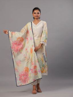 Amchoor - Cream Botanical Print Kurta Pant & Dupatta (Set of 3)