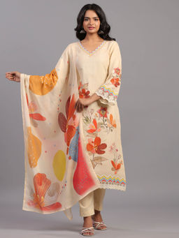 Amchoor - Cream Floral Print Kurta Pant & Dupatta (Set of 3)