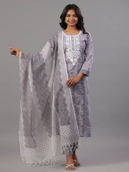 Amchoor - Grey Floral Printed Kurta Pant & Dupatta (Set of 3)