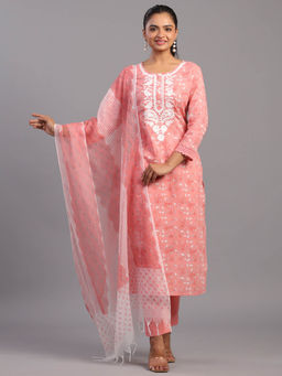 Amchoor - Peach Floral Printed Kurta Pant & Dupatta (Set of 3)