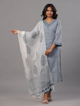 Amchoor - Grey Striped Print Kurta Pant & Dupatta (Set of 3)