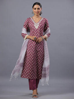 Amchoor - Purple Floral Print Kurta Pant & Dupatta (Set of 3)