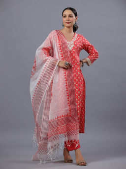 Amchoor - Red Floral Print Kurta Pant & Dupatta (Set of 3)