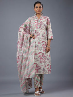 Amchoor - Offwhite Botanical Printed Kurta Pant & Dupatta (Set of 3)