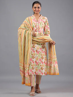 Amchoor - Pink Cotton Botanical Print with Mirror Work Kurta Pant & Dupatta (Set of 3)