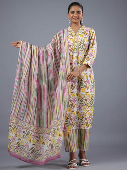 Amchoor - Yellow Cotton Botanical Print with Mirror Work Kurta Pant & Dupatta (Set of 3)