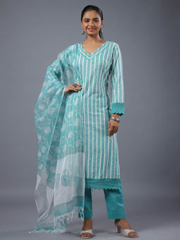 Amchoor - Teal Cotton Kurta Pant & Dupatta with Mirror Lace Details (Set of 3)