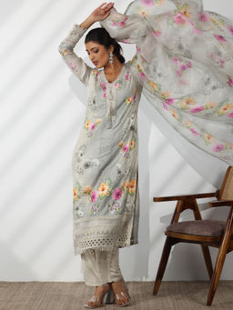 Libas - Women Grey Floral Printed Muslin Kurta with Trousers & Dupatta (Set of 3)