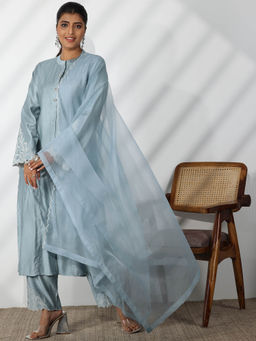 Libas - Blue Solid Panelled Kurta with Trouser & Dupatta (Set of 3)