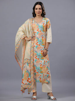 Amchoor - Cream Floral Print Kurta Pant & Dupatta (Set of 3)