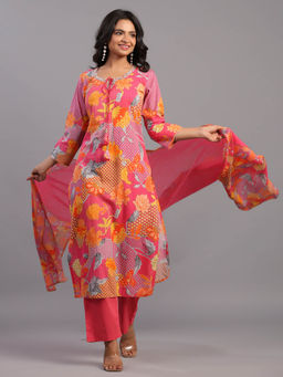 Amchoor - Pink Block Print Kurta Pant & Dupatta (Set of 3)