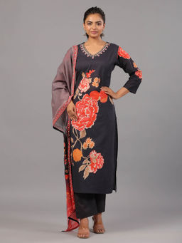 Amchoor - Navy Floral Print Kurta Pant & Dupatta (Set of 3)