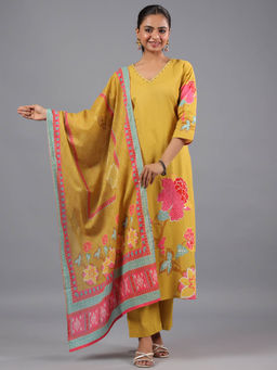 Amchoor - Mustard Floral Printed Kurta Pant & Dupatta (Set of 3)