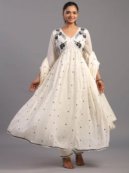 Amchoor - Cream Cotton Mirror Work Embroidered Anarkali Kurta Pant & Dupatta (Set of 3)