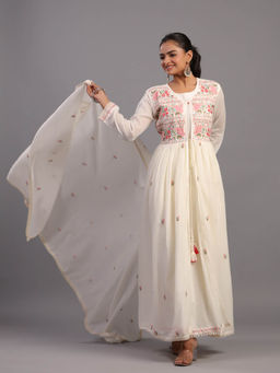 Amchoor - Cream Cotton Embroidered Anarkali Jacket Style Kurta Pant & Dupatta (Set of 3)
