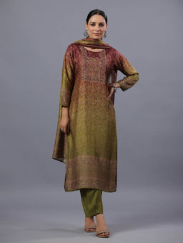 Amchoor - Green Ombre Botanical Print Kurta Pant & Dupatta (Set of 3)
