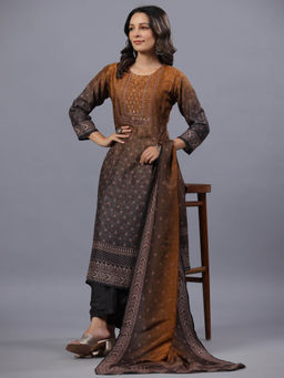 Amchoor - Black Ombre Bohemian Print Kurta Pant & Dupatta (Set of 3)