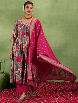 Libas - Pink Silk Blend Printed Kurta Sets for Women