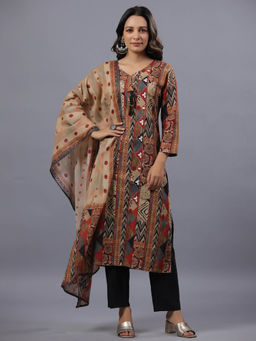 Amchoor - Multi Color Cotton Blend Aztec Print Kurta Pant & Dupatta (Set of 3)