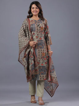 Amchoor - Grey Cotton Blend Floral Print Kurta Pant & Dupatta (Set of 3)