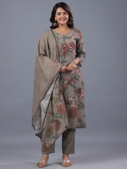 Amchoor - Grey Cotton Linen Floral Print Kurta Pant & Dupatta (Set of 3)