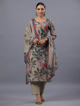 Amchoor - Grey Cotton Linen Botanical Print Kurta Pant & Dupatta (Set of 3)