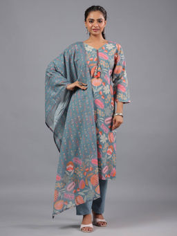 Amchoor - Blue Botanical Print Kurta Pant & Dupatta (Set of 3)