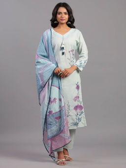 Amchoor - Light Blue Floral Print Kurta Pant & Dupatta (Set of 3)