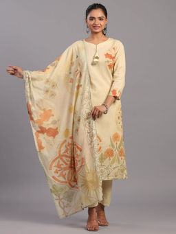 Amchoor - Beige Cotton Linen Abstract Print Hand Embroidery Kurta Pant & Dupatta (Set of 3)