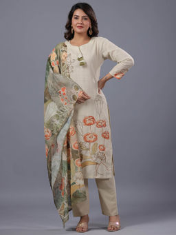 Amchoor - Beige Floral Print Kurta Pant & Dupatta (Set of 3)