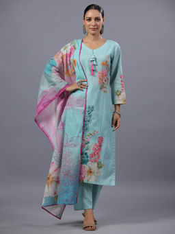 Amchoor - Light Blue Floral Print Kurta Pant & Dupatta (Set of 3)