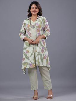 Amchoor - Light Green Cotton Linen Botanical Print Kurta with Jacket & Pant (Set of 3)