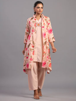 Amchoor - Peach Cotton Linen Floral Print Kurta with Jacket & Pant (Set of 3)