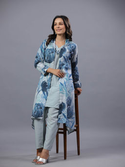Amchoor - Blue Cotton Linen Botanical Print Kurta Jacket & Pant (Set of 3)
