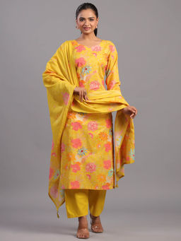 Amchoor - Mustard Cotton Floral Print Kurta Pant & Dupatta (Set of 3)