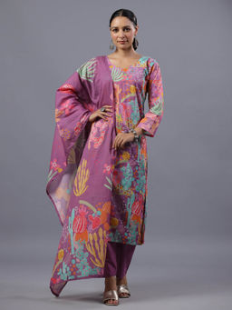 Amchoor - Purple Cotton Abstract Print Kurta Pant & Dupatta (Set of 3)
