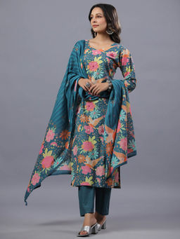 Amchoor - Teal Cotton Floral Print Kurta Pant & Dupatta (Set of 3)