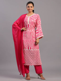 Amchoor - Fuchsia Cotton Geometrical Print Kurta Pant & Dupatta (Set of 3)