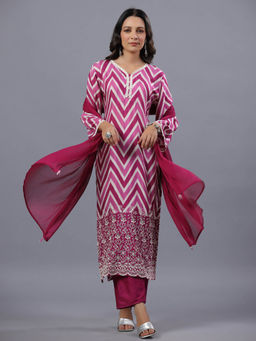 Amchoor - Purple Modal Chevron Print Kurta Pant & Dupatta (Set of 3)