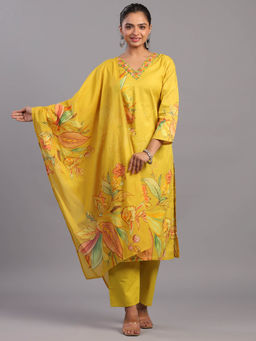 Amchoor - Mustard Cotton Floral Kurta Pant & Dupatta (Set of 3)