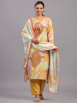 Amchoor - Mustard Cotton Linen Botanical Print Kurta Pant & Dupatta (Set of 3)