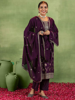 Libas - Wine Floral Woven Design Straight Kurta with Solid Trouser & Dupatta (Set of 3)