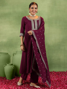 Libas - Maroon Silk Blend Yoke Design Kurta Sets for Women