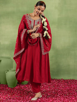 Libas - Red Silk Blend Yoke Design Kurta Sets for Women