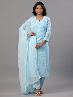 Amchoor - Blue Georgette Embroidered Kurta Pant & Dupatta (Set of 3)